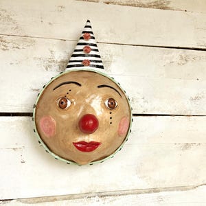 Colorful Handmade Clown Mask: Unique Paper Mache Wall Art, Expressive Decor for Carnival, Kids Room, Circus