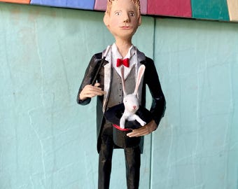 Magician with rabbit, illusionist figure, circus magician, circus sculpture collection, gift for him, miniature circus magician, magic gift, circus art
