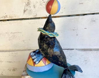 Paper Mache Seal Figurine - Handcrafted Circus Sculpture, Collectible Doll, Unique Gift for Circus Lovers and Dad