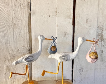 Personalized Stork Cake Topper for Baptism – Handmade Papier Mâché Baby Figure – Newborn Gift, Baby Shower