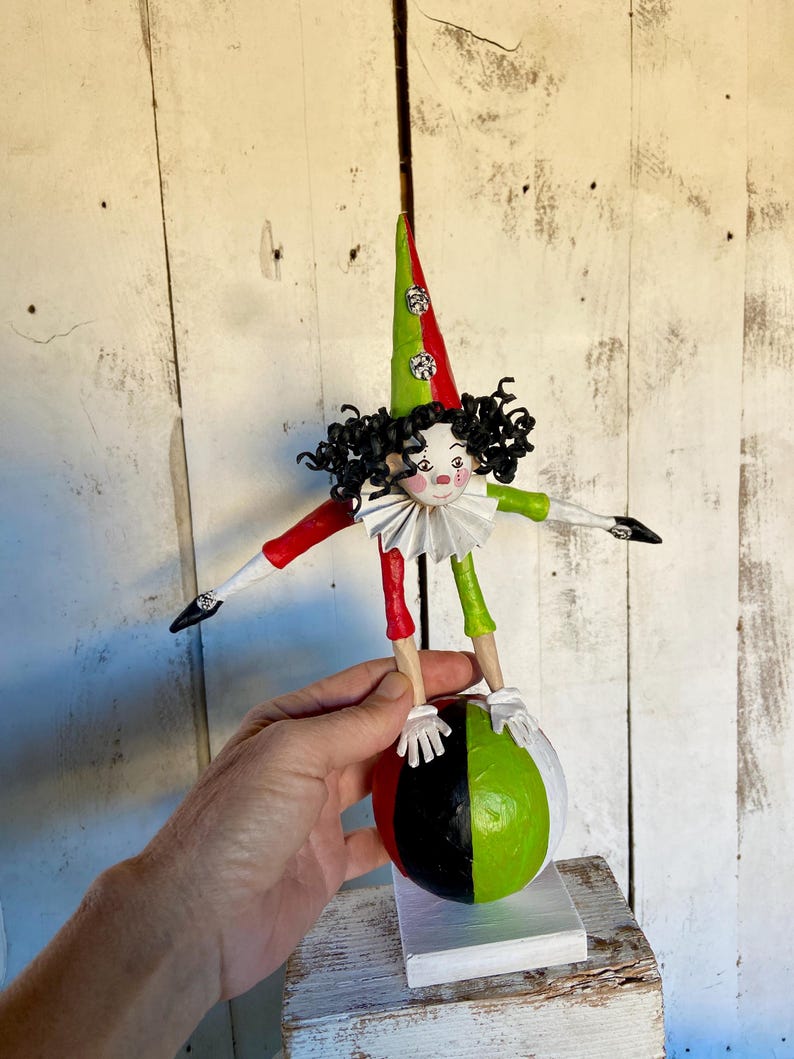 Paper Mache Acrobat 24 Cm High, Tightrope Walker Figure, Clown