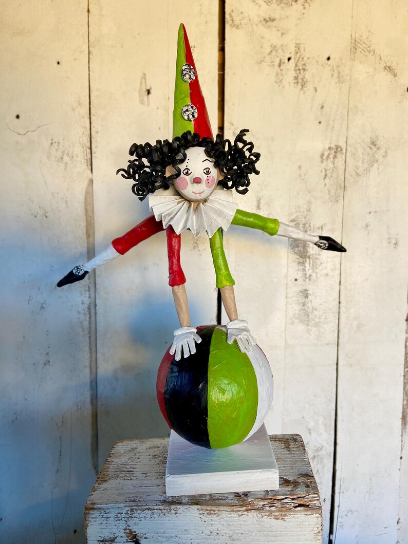 Paper Mache Acrobat 24 Cm High, Tightrope Walker Figure, Clown