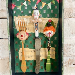Circus lovers kitchen painting, original clown painting, wall decoration, old cutlery, vintage kitchen decoration, original gift