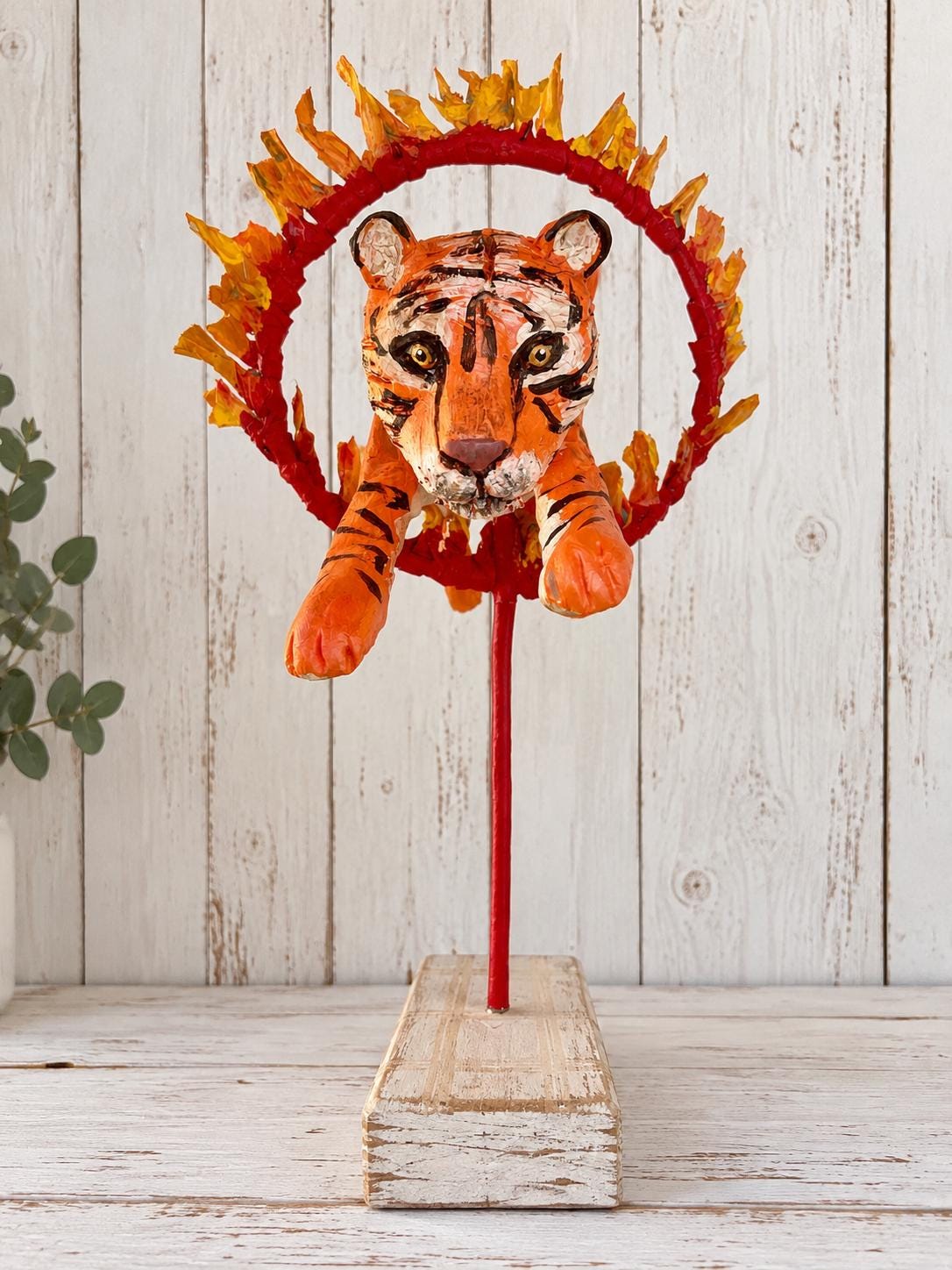 Tiger Jumping Through Ring of Fire – Handmade Circus Paper Mâché