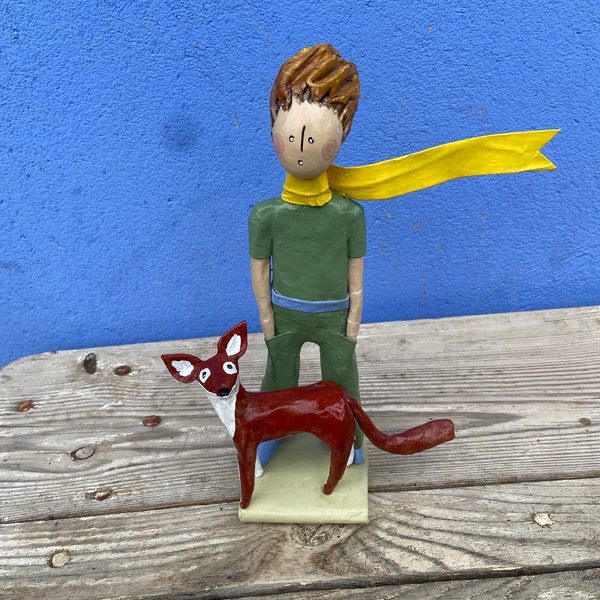 Petit prince avec le petit renard du désert, figurine en papier mâché massif, décoration enfant, figurine gâteau, poupée de collection, artisanat d'Espagne