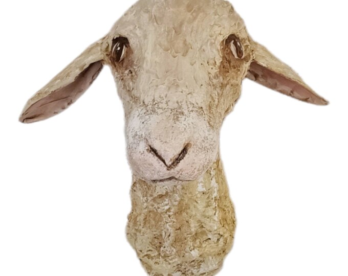 Fake sheep head taxidermy 19 cm height, sheep head, papier-mâché sheep, sheep figure, sheep sculpture, sheep collection, papier-mâché sheep