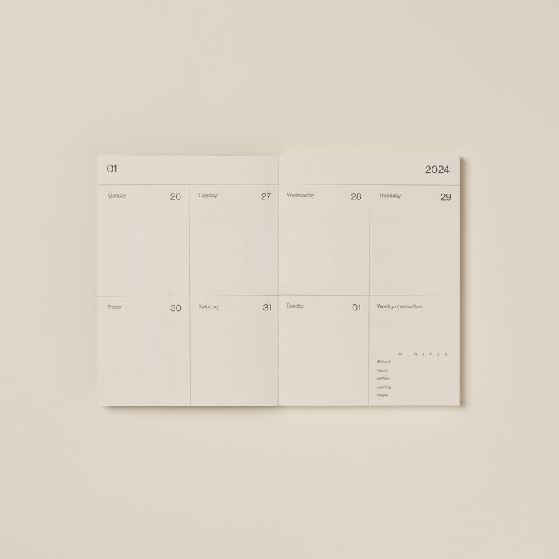 Eco-friendly minimalist planner 2024. Weekly, monthly, and yearly overview planner with 20 extra notes pages. zdjęcie 8