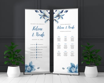 Set of 2 Personalised Wedding Roller Pull Up Floral Welcome Seating Plan Timeline Banners