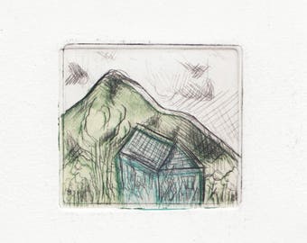 drypoint print, The blue house, original, illustration artprint