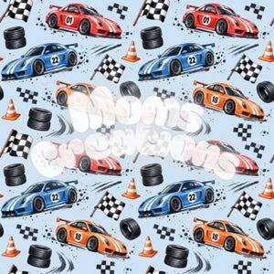 May include: A light blue fabric pattern featuring red, blue, and orange sports cars with racing numbers, black and white checkered flags, orange traffic cones, and stacks of black tires. The text "moms creation" is overlaid in white.