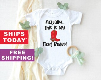 First Rodeo Retro Western One Piece Bodysuit with Buckaroo Cowboy on Horse Cute Southwestern or Western themed baby Onesie\u2122
