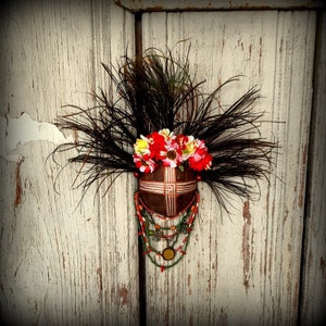 Décor Tribal Wall Mask Motanka Ukrainian Pagan Décor Coconut Shell Décor Housewarming Gift Feather Mask Feather Decor
