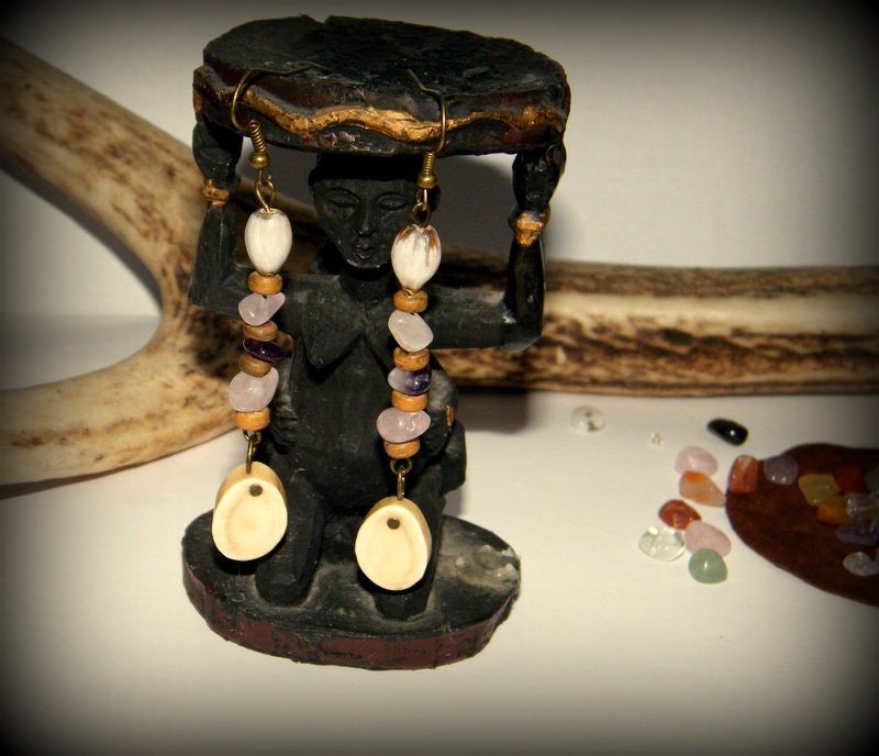 Tribal antler earrings Forest Drops quartz amethyst wooden | Etsy