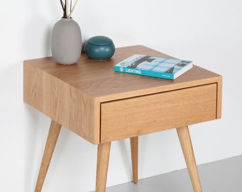 Table de chevet scandinave du milieu du siècle avec tiroir, table de chevet en bois de chêne, meubles en chêne massif