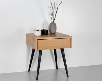 Scandinavian Modern Nightstand In Oak With Drawer, Mid Century Bedside Table