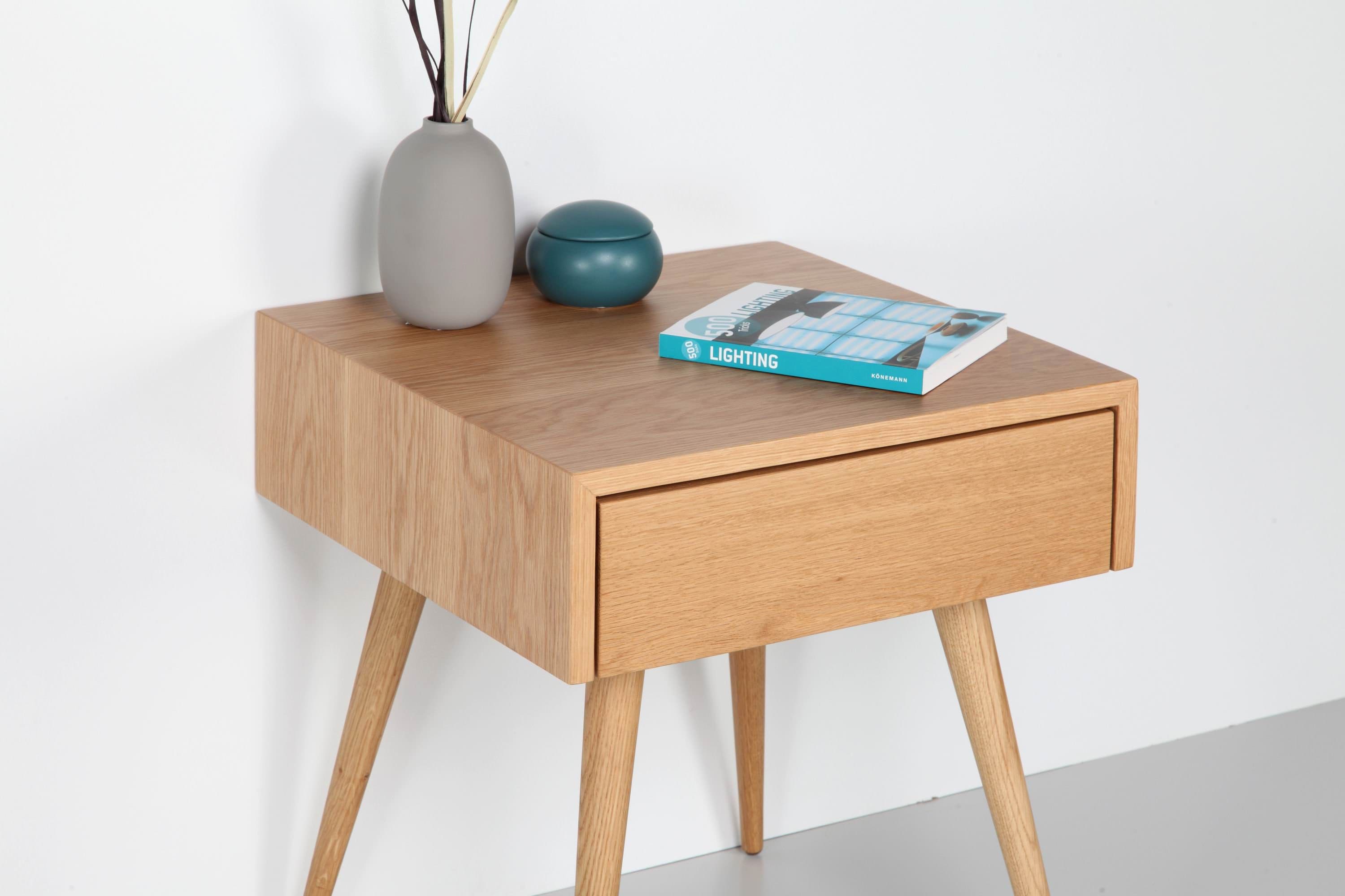 Table de Chevet Scandinave Du Milieu Siècle avec Tiroir, Table en Bois Chêne, Meubles Chêne Massif