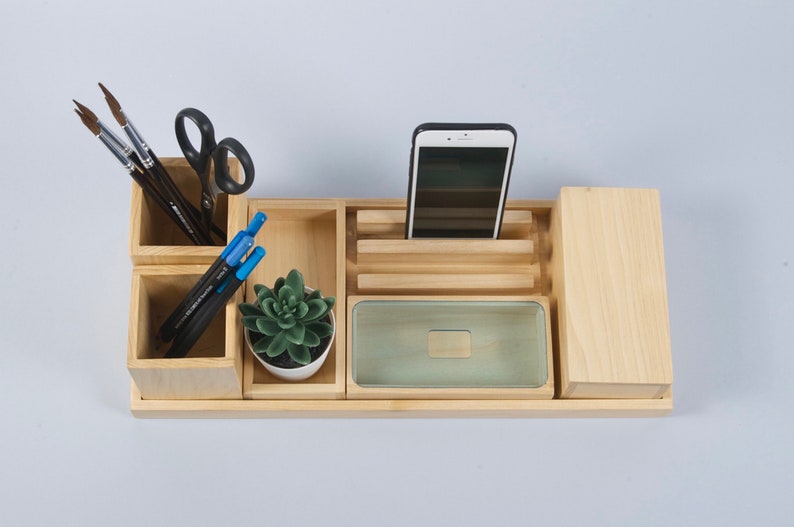 Wood Desk Organizer Gift For Men And Women, Office Desk Accessories For Best Friend Gift image 2