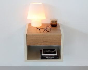 Floating Nightstand With Drawer, Floating Bedside Table With Oak Top In Danish Style, White Mid Century Nightstand