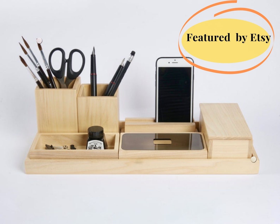 Wooden Desk Organizer, Office Desk Accessory for Man, New Job Gift for Him, 50th Birthday Gifts