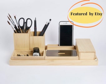 Wooden Desk Organizer, Office Desk Accessory For Man, New Job Gift For Him, 50th Birthday Gifts For Husband
