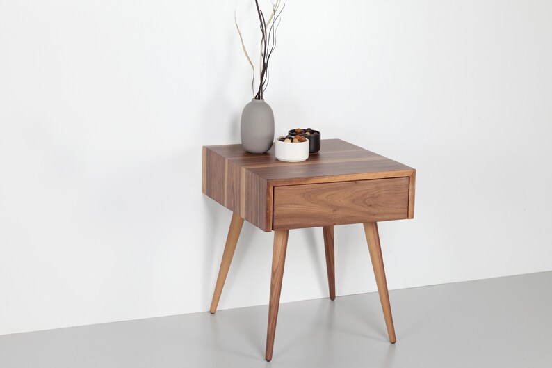 Mid Century Scandinavian Nightstand With One Drawer Bedside Table Made Of Walnut Danish Modern Side