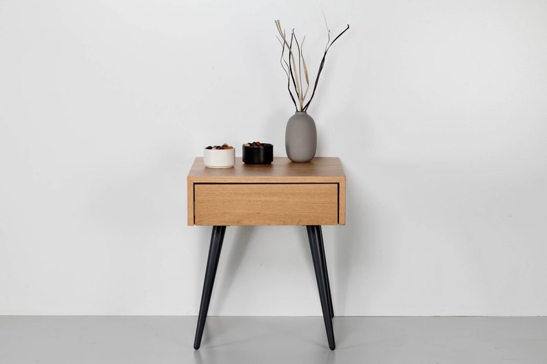 Scandinavian Modern Nightstand In Oak With Drawer, Mid Century Bedside Table zdjęcie 6