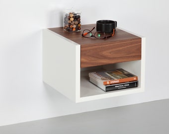 Floating Nightstand With Walnut Drawer, Floating Bedside Table In Scandinavian Style