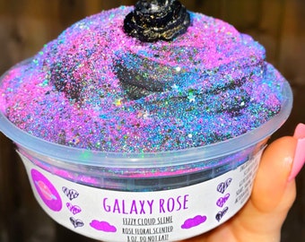 8 oz- Galaxy Rose - Black Fizzy Cloud Slime- Rose Charm- Pastel Rainbow Glitter- DIY Slime