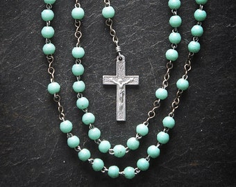 French Vintage green religious chaplet, vintage religious rosary, France