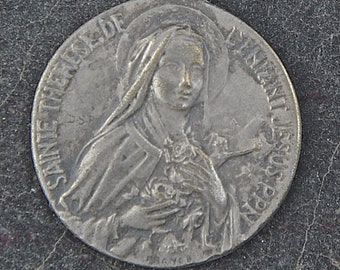 French Vintage Saint Teresa Religious Medal, Round, Beata Theresa