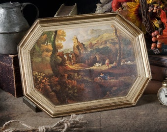 Vintage wooden serving tray with life scene in countryside decor