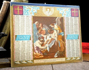 Vintage French calendar from 1937 with Jesus placed in the tomb
