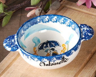 Vintage French Antoinette name bowl, Vintage hand painted bowl From Brittany, personalized coffee bowl with first name Antoinette