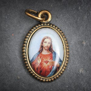 Vintage religious medal, Jesus Christ and Sacred Heart, color portrait medal