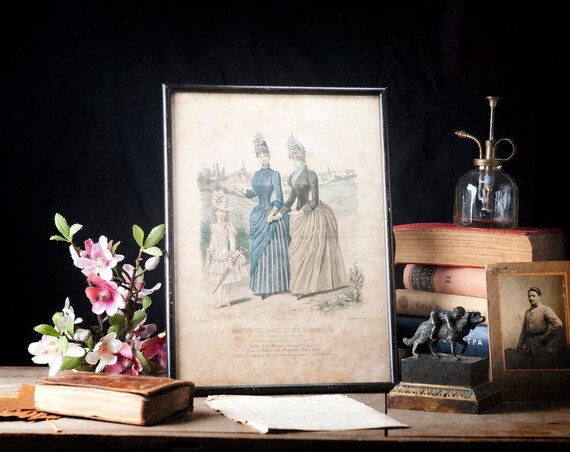 フランスアンティーク 貴婦人のリトグラフ　 手採色　1860年代 フランスアンティーク 貴婦人のリトグラフ 手採色1860年代