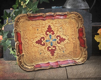 Vintage Gold & red Wood Florentine Tray with Handles, Made in Italy