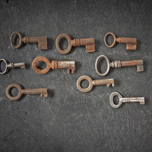 Puede incluir: Una colección de nueve llaves antiguas de diferentes tamaños y formas, todas con una pátina oxidada, dispuestas sobre una superficie gris oscura.