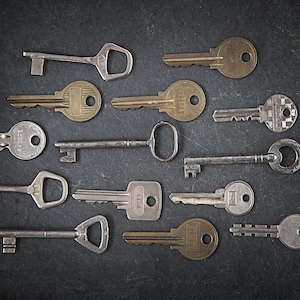Puede incluir: Una colección de 13 llaves vintage con diferentes estilos y acabados, incluyendo latón, plata y níquel. Las llaves están dispuestas en una fila sobre una superficie gris oscuro.
