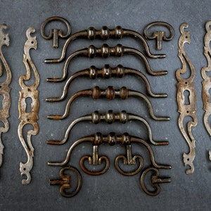 Big lot Set of Antique Decorative matching metal Furniture Handles and key holes
