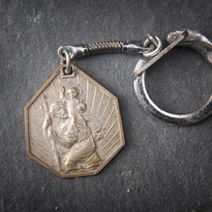 Vintage Saint Christopher key chain, Catholic key ring, St Christopher pendant, religious keyring