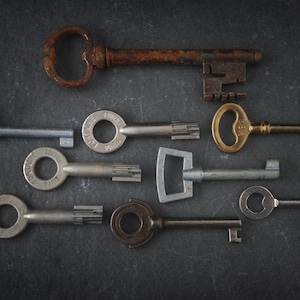 Puede incluir: Una colección de ocho llaves antiguas, incluyendo una llave grande y oxidada con un mango decorativo, y varias llaves más pequeñas con diseños intrincados. Las llaves están dispuestas en una fila sobre una superficie gris oscuro.