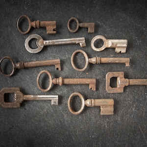 Puede incluir: Una colección de diez llaves antiguas, todas de metal y con signos de desgaste y óxido. Las llaves están dispuestas en semicírculo sobre una superficie gris oscura.