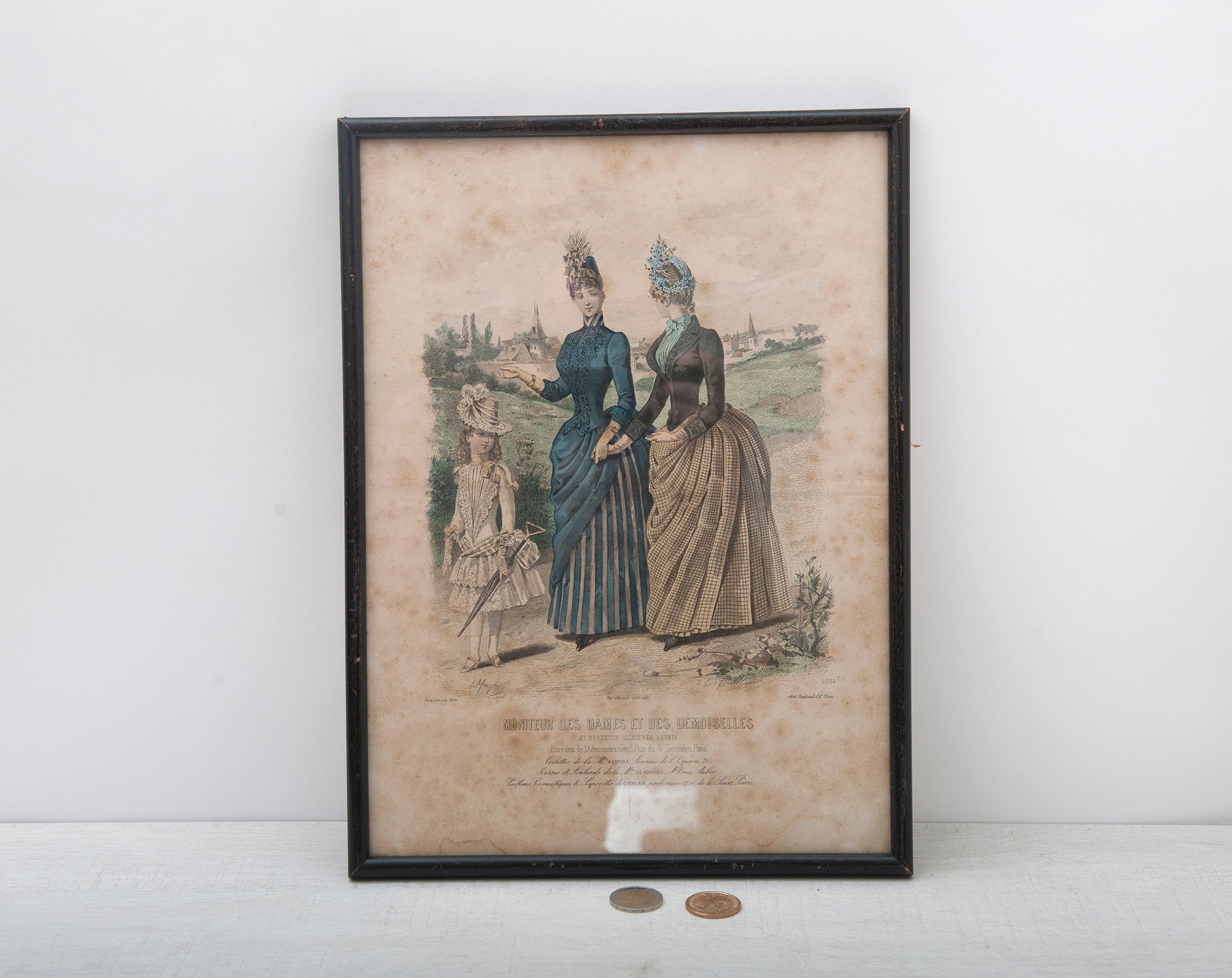 アンティークのフランスのリトグラフ、1860 年代頃の水彩画のカラー