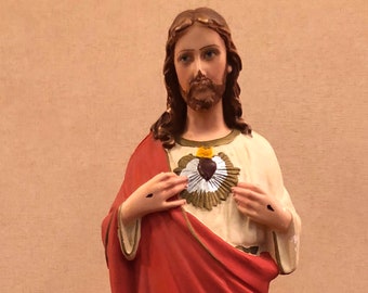 Christ statue polychrome plaster the wish of Jesus "Sacred Heart" - religious decoration