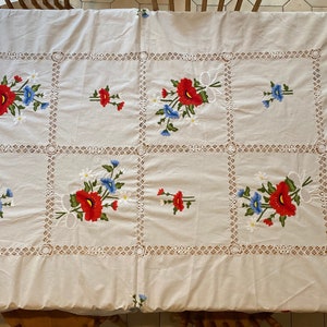 Mantel grande bordado a mano (para 8 personas), mantel antiguo vintage, mantel rectangular.