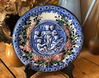 Antique French Barbotine Majolica Angels Plate - Design Superb kitchenalia Collectable Display Plate