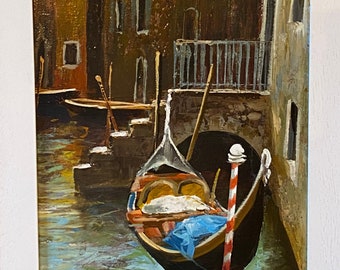 Huile sur toile « Gondole à Venise » signée, 88 cm X 43 cm, Venice painting