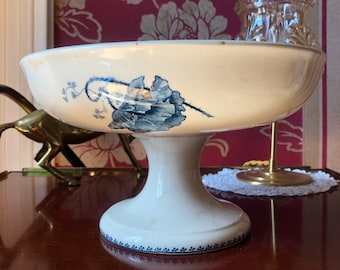 antique French cake stand U & C SARREGUEMINES, Shabby white and blue,