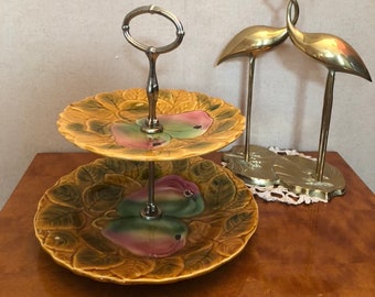 Presentation plate on very vintage French cake stand, Servant plate Sarreguemines France fruits, Cake stand