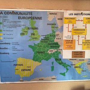 Vintage France Map Educational Wall art colored, MDI school map representing the European Union, Old geography map,